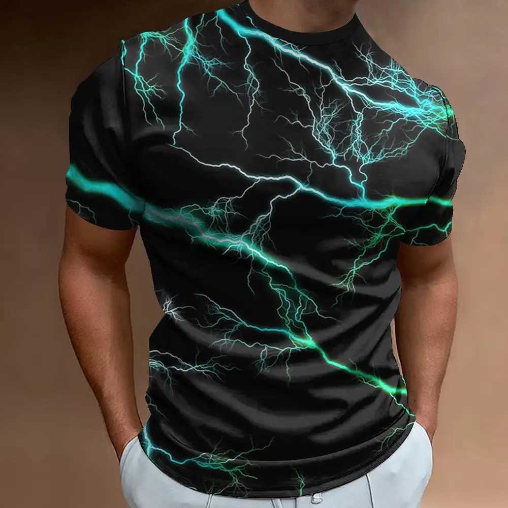Lightning pattern printed mens short sleeved T-shirt fashionable mens street casual mens loose oversized T-shirt 2024XJ250409