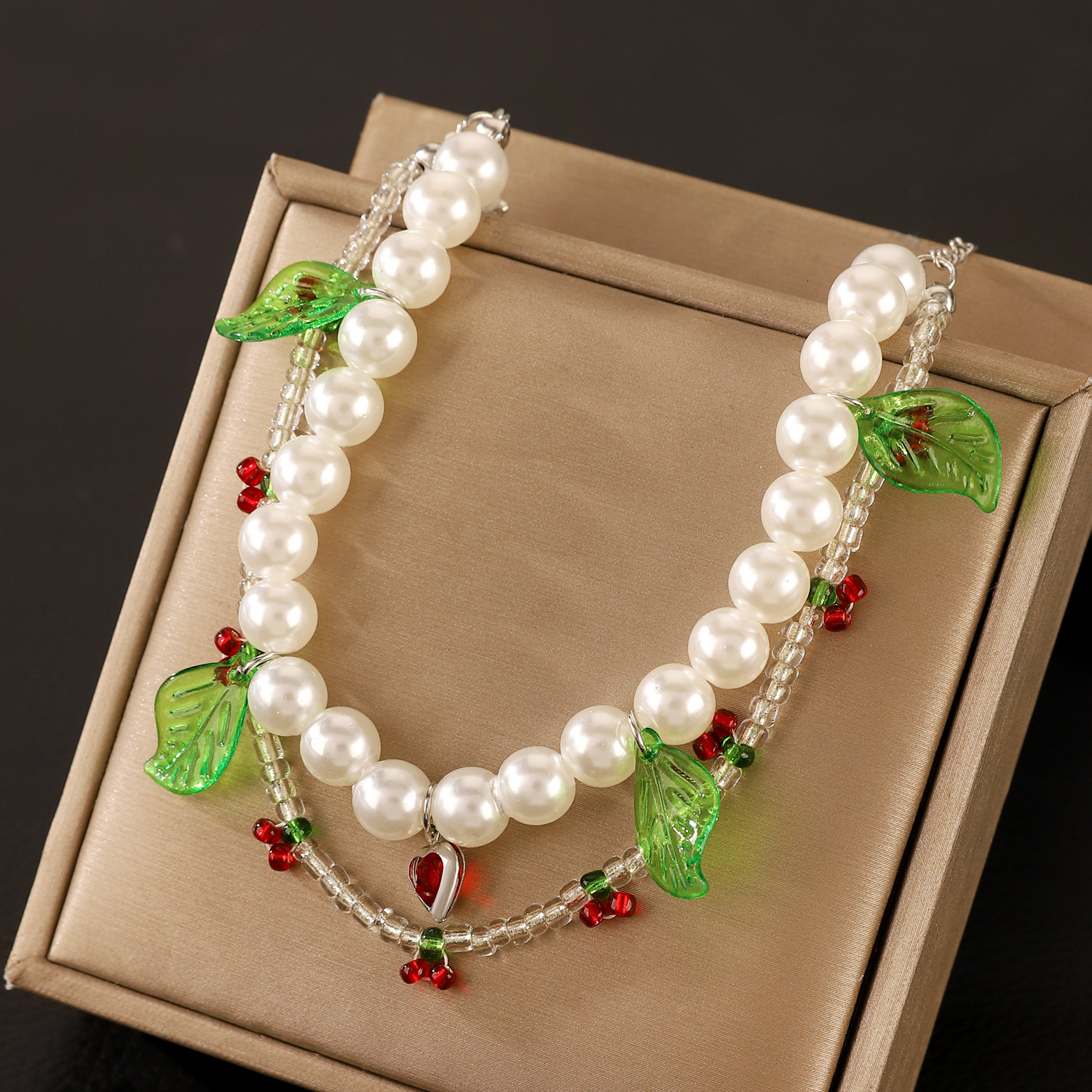 Ins Fashion Xiaomi Beaded Cherry Sweet Forest Style Women's Imitation Pearl Heart Bracelet
