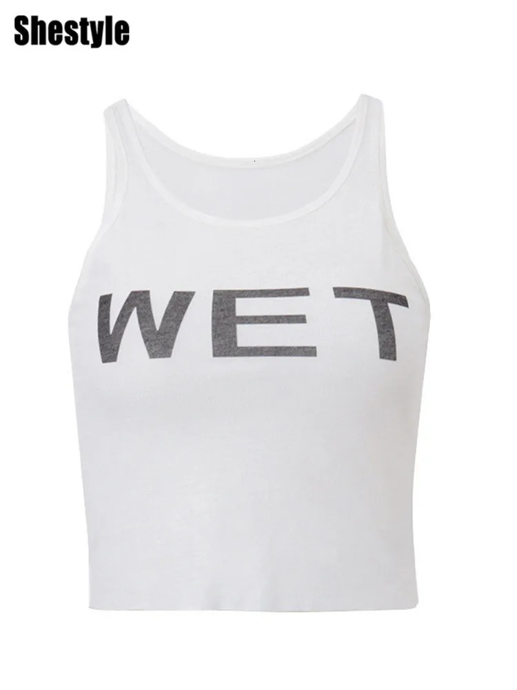 Shestyle Transparent White Crop Top Women Autumn Sleeveless Wet Letter Print Super Stars Same Style Tank Theatrical Costume 250408
