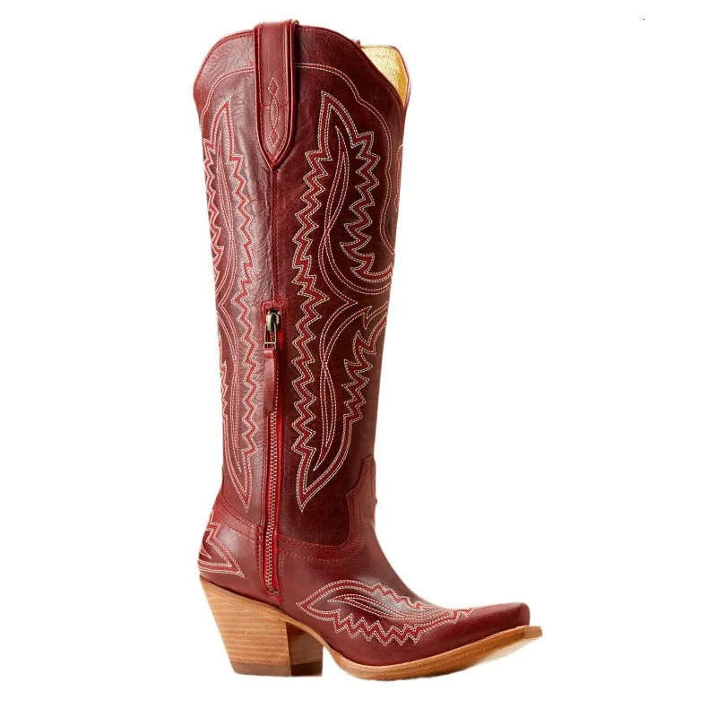 Womens Autumn/Winter European and American Pointed Thick Heel High Barrel Large Western Side Zipper Denim Boots 251106