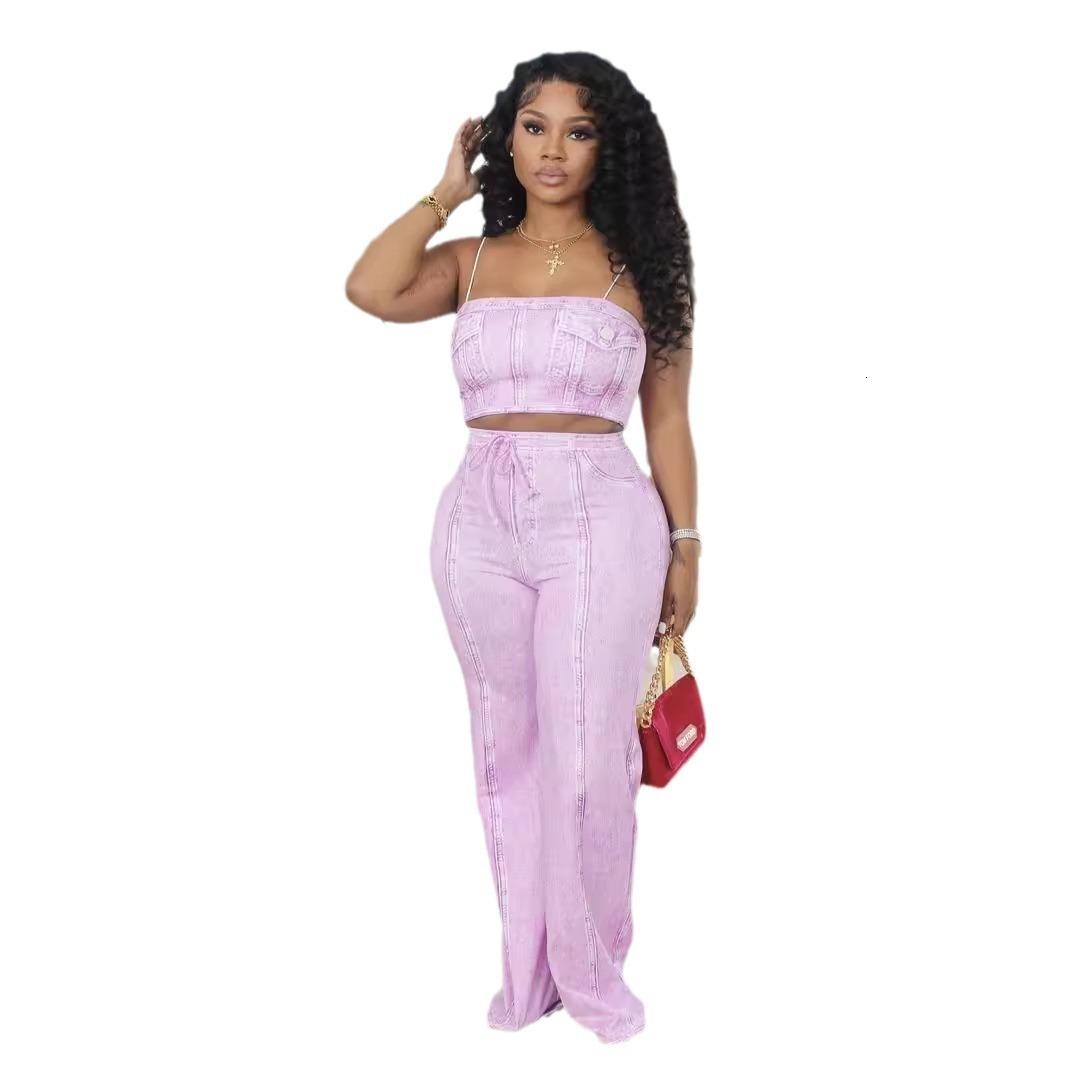 2025S Designer Women S Set Summer New INS Sexy And Versatile Tight Solid Color Cowboy Open Umbilical Back Tank Top Pants Set