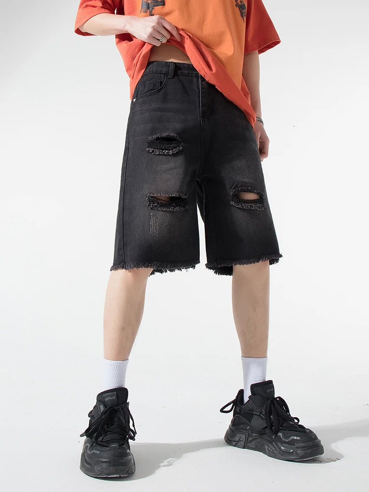 Streetwear torn denim shorts mens summer straight loose jeans washed retro size M3XL 250409