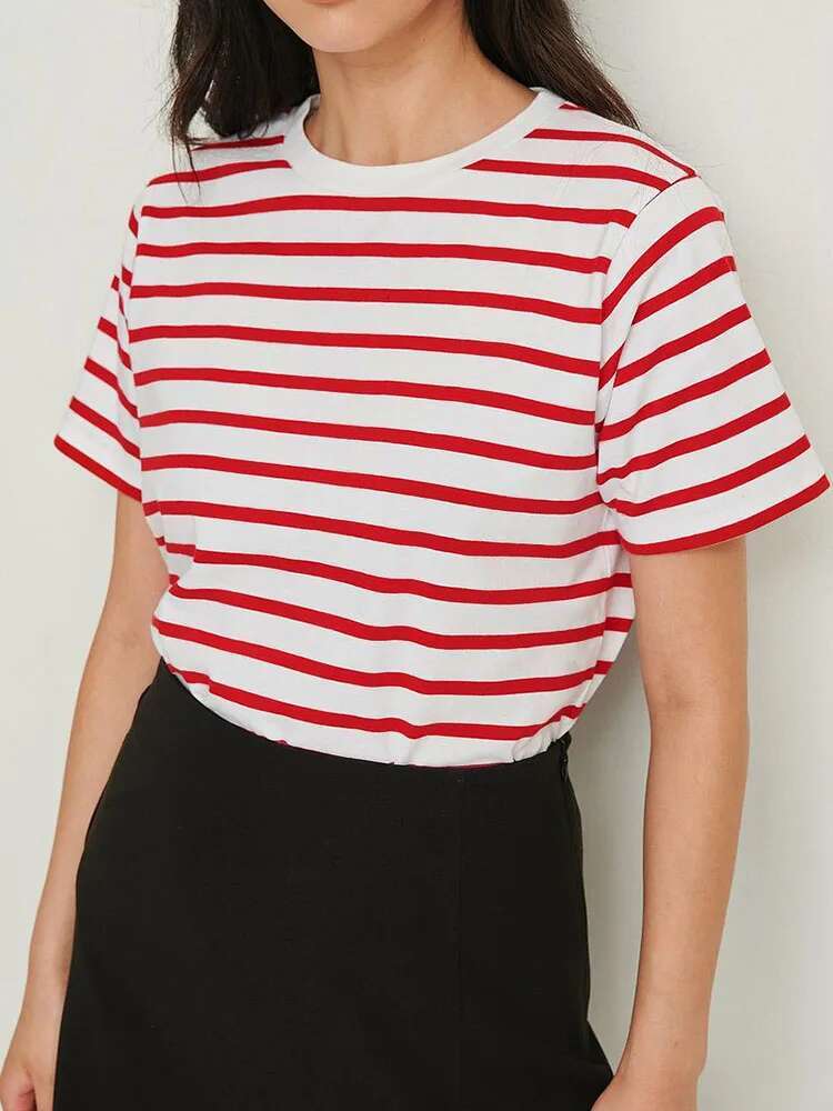 Summer Short Sleeve Striped T-Shirts Women Knitted Basic Casual Tops Female Cozy Loose Cotton Tee 2023 Haruku Shirt