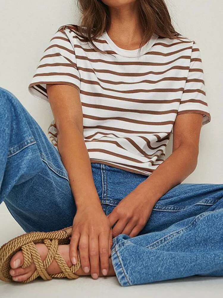 Summer Short Sleeve Striped T-Shirts Women Knitted Basic Casual Tops Female Cozy Loose Cotton Tee 2023 Haruku Shirt