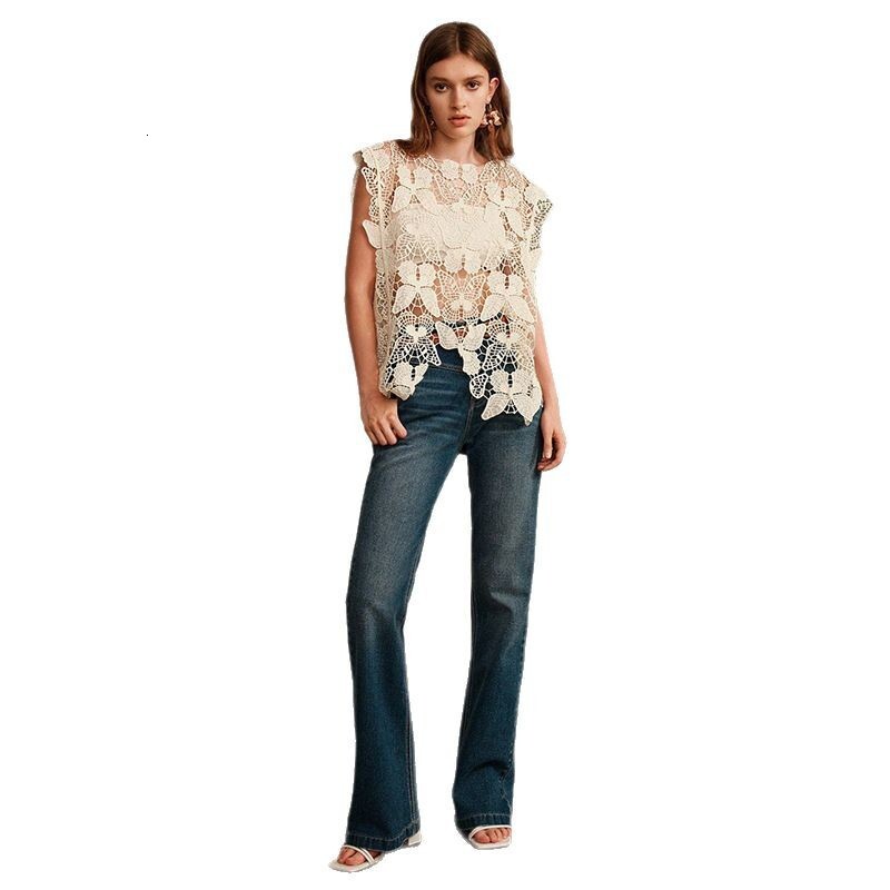 Summer new hollowed out vest handmade knitted lace embroidery simple loose top dress