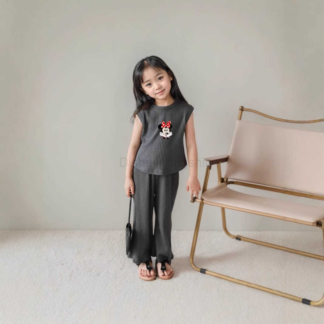 Disney Girls Summer Dress Set 2025 New Small and Medium sized Ice Thread Sleeveless Tank Top Pants Set Casual Two Piece SetXJ250409