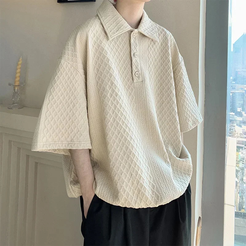 Waffle Short sleeved Mens Polo Shirt Y2K Retro Loose Tshirt Summer Casual Street Clothing Collar Para Hombre 250409