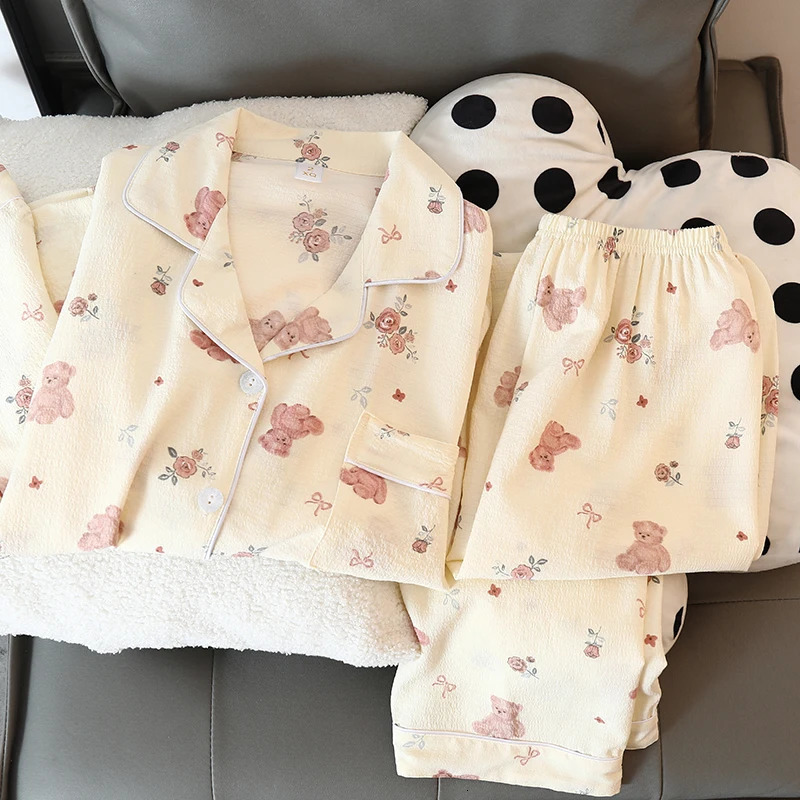 Womens Pajama Set Y2K Cartoon Bear Flower Print Autumn Kawaii Harajuku Style Casual Home 250409