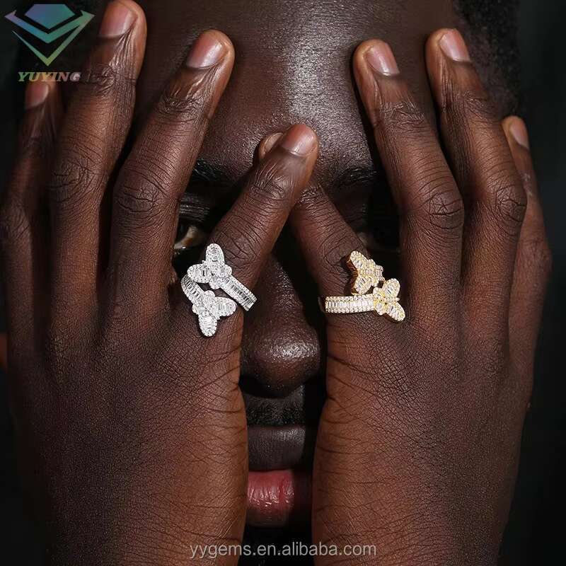 Yu Ying Hip Hop Butterfly Ring Fine Jewelry S925 SIlver 18k Gold Plated VVS Baguette Moissanite Butterfly Cuban Ring for Man