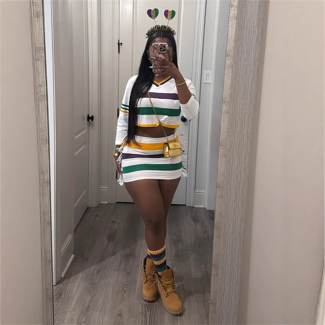 2025S Designer Women S Set New Fashionable Slim Fit Striped Contrasting Lace V Neck Crop Top With Exposed Navel Hip Hugging Short Skirt Set