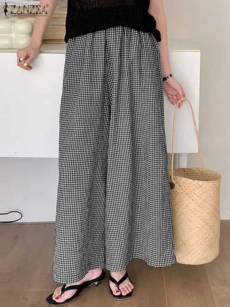 Vintage plaid pants ZANZEA womens fashionable wide leg pants Ele high waisted office clothes casual loose mesh pants oversizedXJ250403