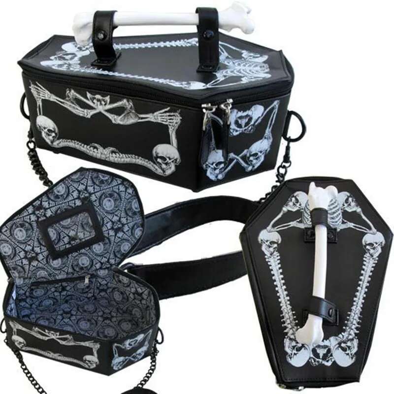 Trend Punk Style Skeleton Coffin Gothic Bat Single Shoulder Black PU Leather Purse Crossbody Bag