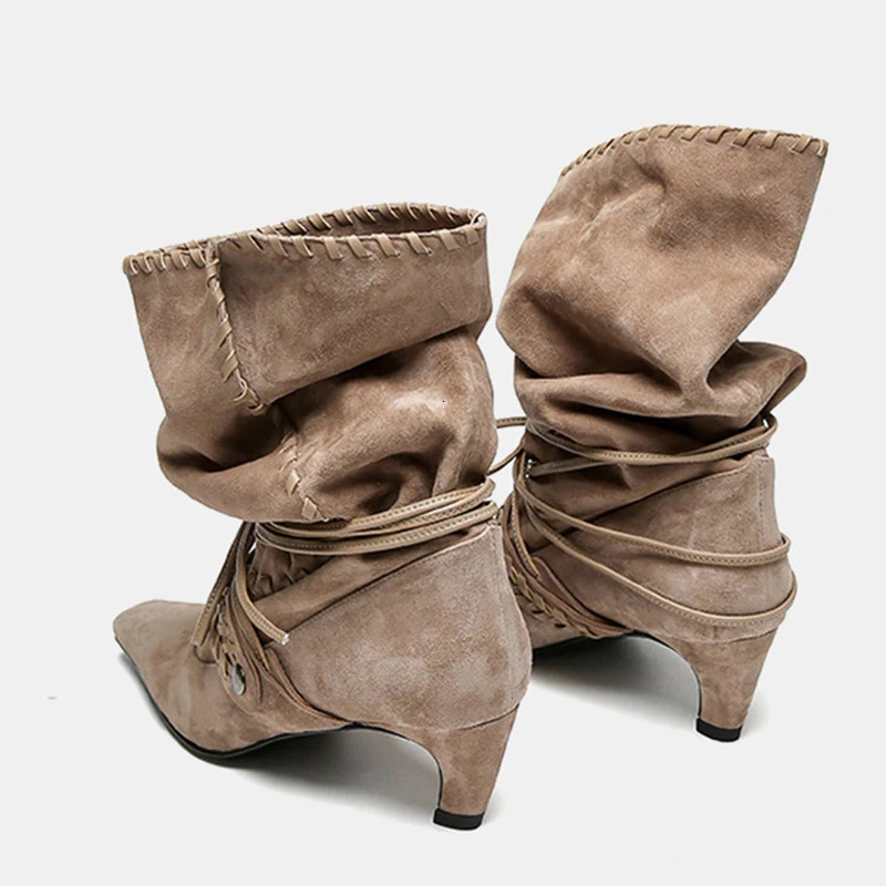 Liyke Autumn Winter Brown Suede Weave Laceup Women Fold Pleated Ankle Boots Fashion Thin Low Heels Chelsea Western Ladies Shoes 251103