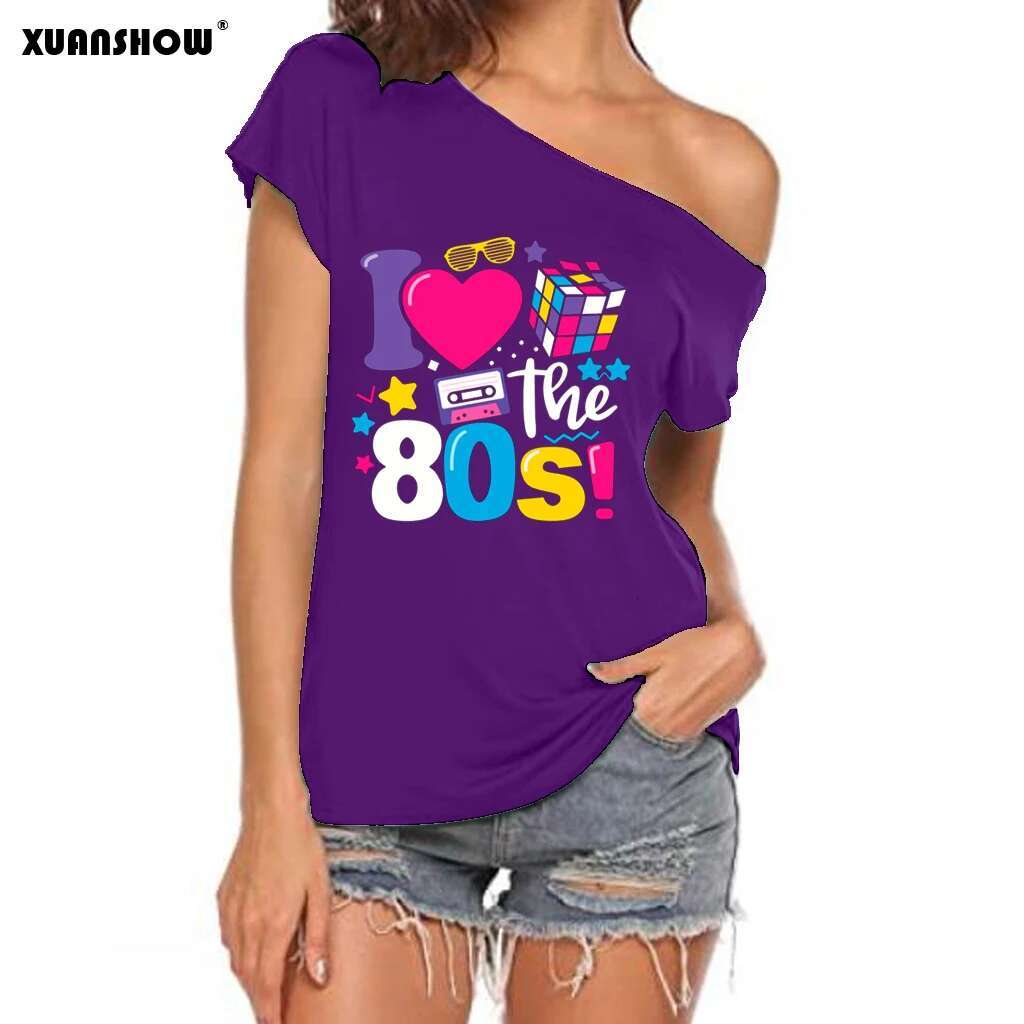 XUANSHOW 2024 Summer I Love the 80s Emotional Element T-shirt Sexy Off Shoulder Tops Short Sleeve Letters Printed Tee Shirt