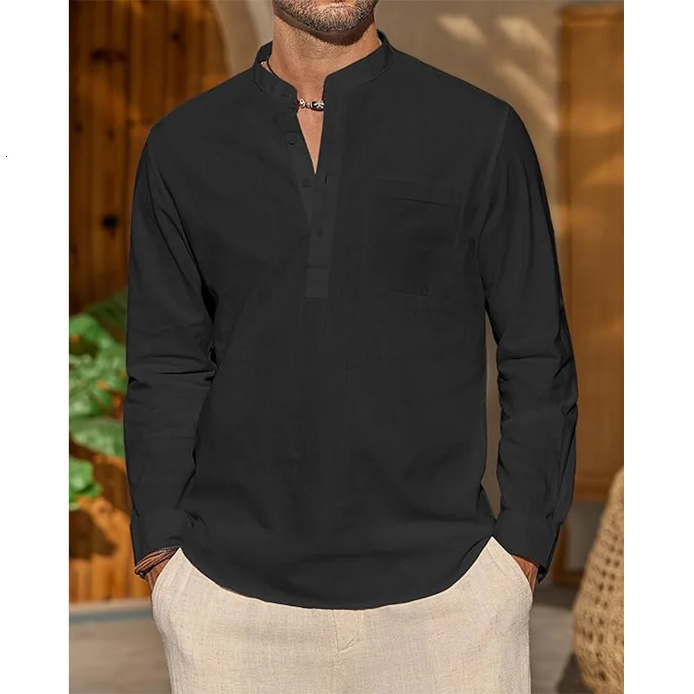 Cotton Linen Shirts for Men Casual Shirt Lightweight Vacation Long Sleeve Henley Collar Beach Shirts Hawaiian T Shirt Men 250409