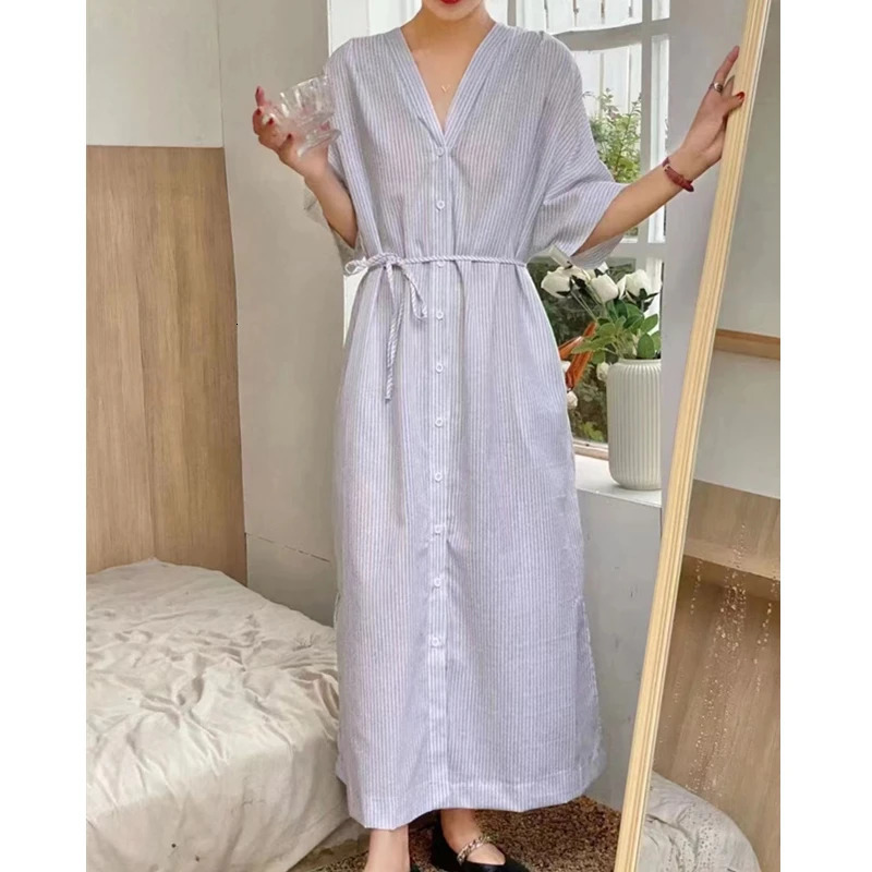 REALEFT Cotton Linen Striped Womens Dress Vneck Elegant Korean Lace Straight Skirt 250409