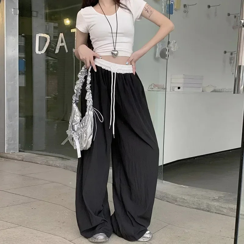 Patchwork Elastic Waist Wide Leg Casual Pants Women All season Texture Drape Straight Mop Pants Loose Trousers Pants 250409