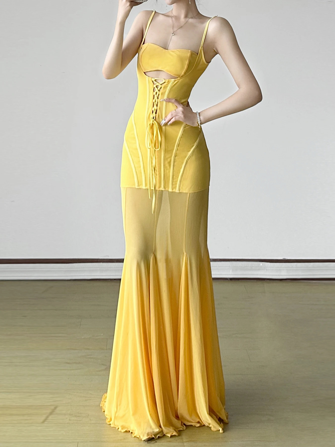 IAMSURE Holiday Hollow Horn Dress Beach Style See Through Sexy Slim Slant Neck Sleeveless Womens Long 250409