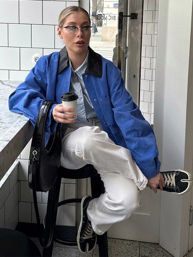 Womens oversized spliced work jacket with full collar single chest pocket womens springsummer street 250409