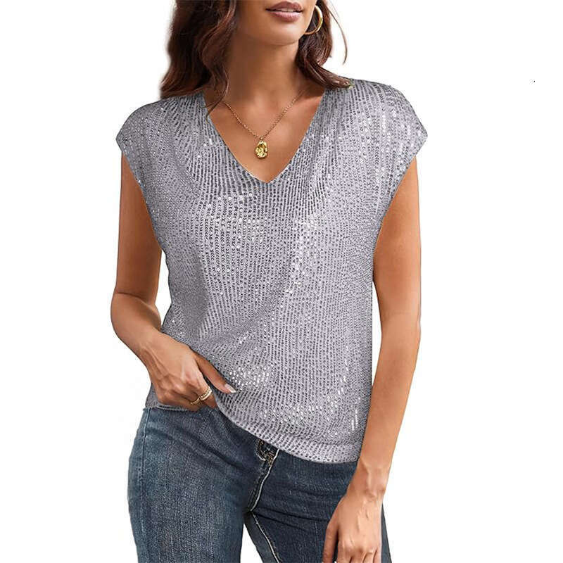 2025 V-Neck Sequin Short Sleeve Women's Shiny Tank Top Party Shirt Blouse silk woman WOMENS PLUS SIZE SHIRTS
