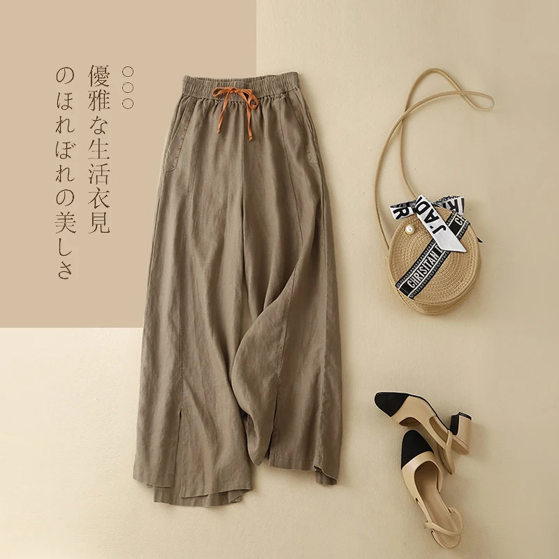 Beige Cotton Linen Casual Elastic High Waist Loose Wide Leg Womens Pants Ankle-Length Pants For Women Clothing Fashion 250408