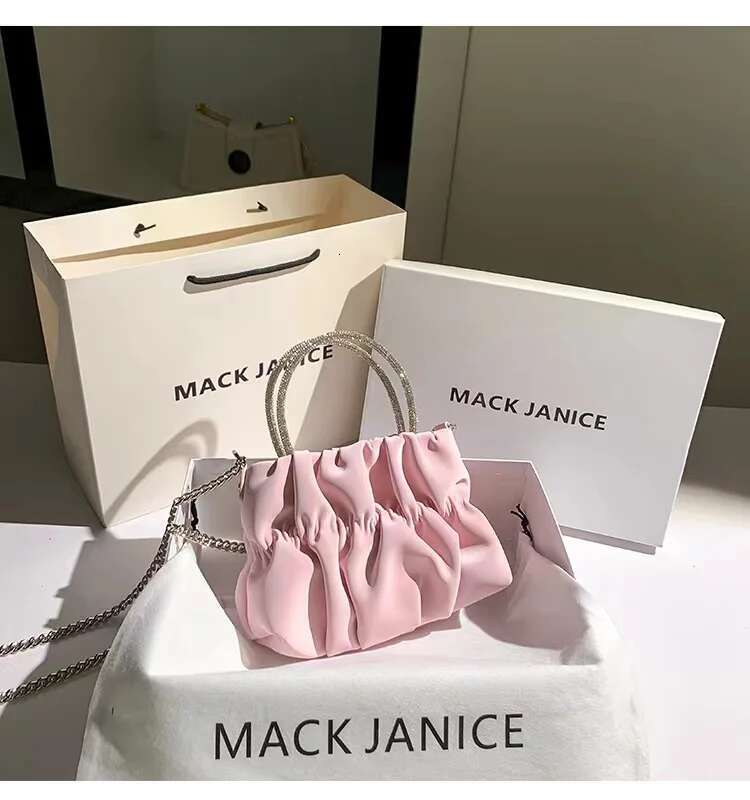 Fashion Pink Color Pleated Women Handbag Glitter Shiny Dias Evening Shoulder Crossbody Bag Wedding Party Clutch Purse