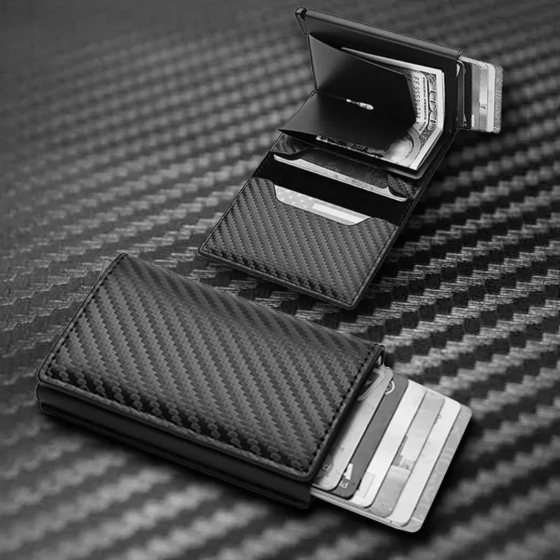 Fashion carbon fiber antitheft credit card packaging metal box mens wallet holder PU 250408