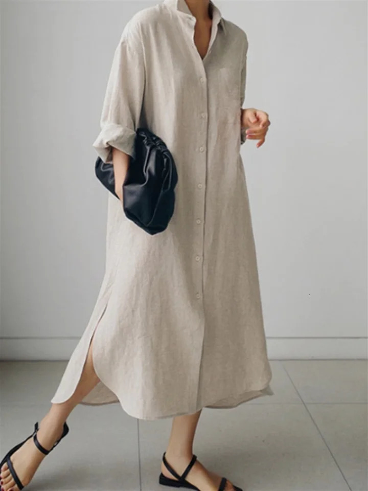 REALEFT spring and summer cotton linen womens shirt side split single chest pocket straight dress 250409