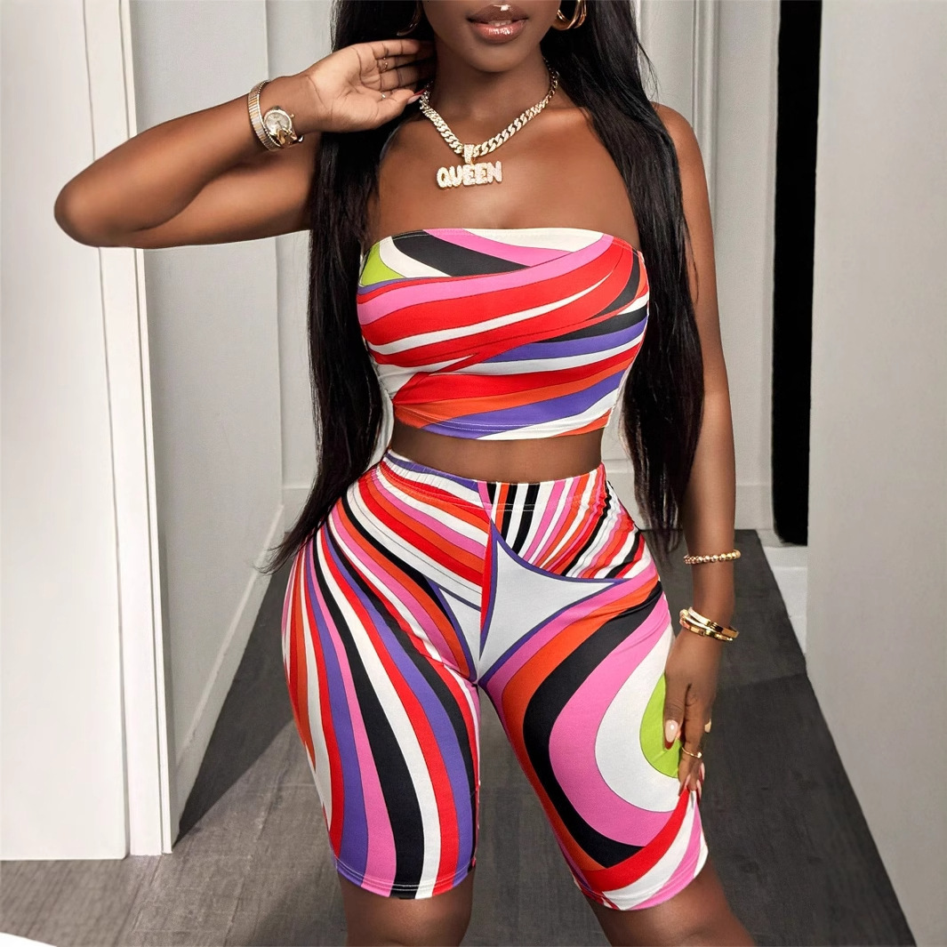 2025S Designer Women S Set Summer Fashion Color Contrast Printed Sexy Strapless Sleeveless Top With Hip Wrap Short Set