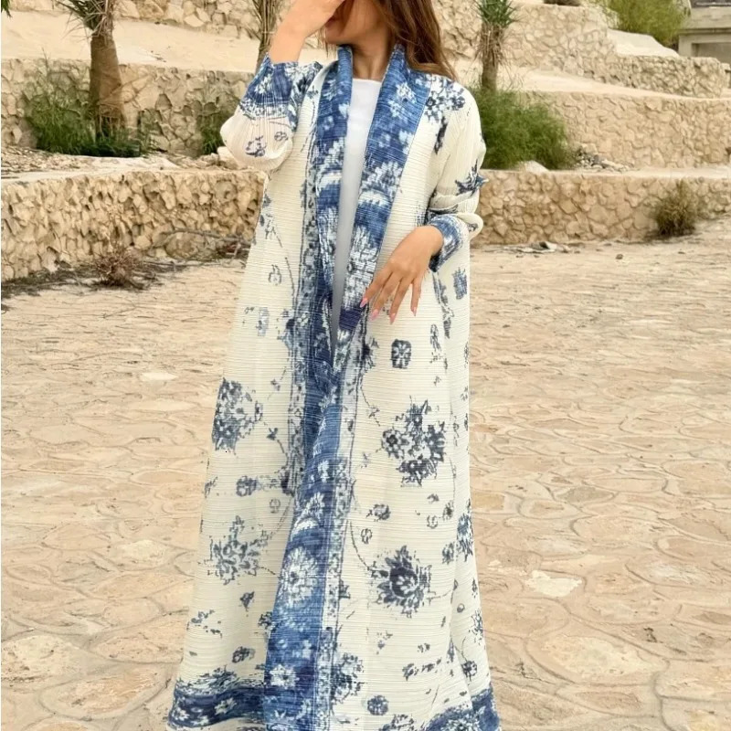 Abaya ethnic style printed pleated long cornered jacket Miyake womens autumn Muslim big collar tie cardigan 250409