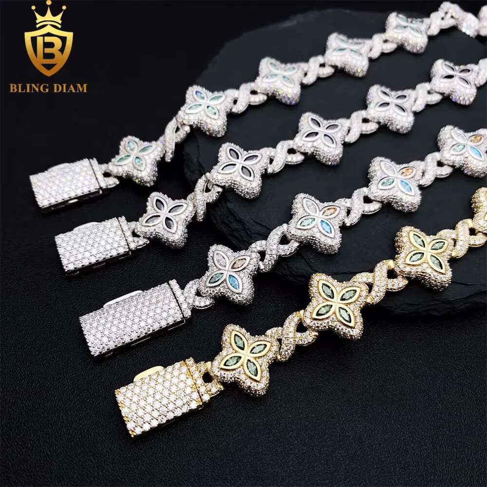 15mm New Marquise Flower Design Colorful 925 Sliver Hip Hop Jewelry Iced Out Cuban Link Moissanite Bracelet