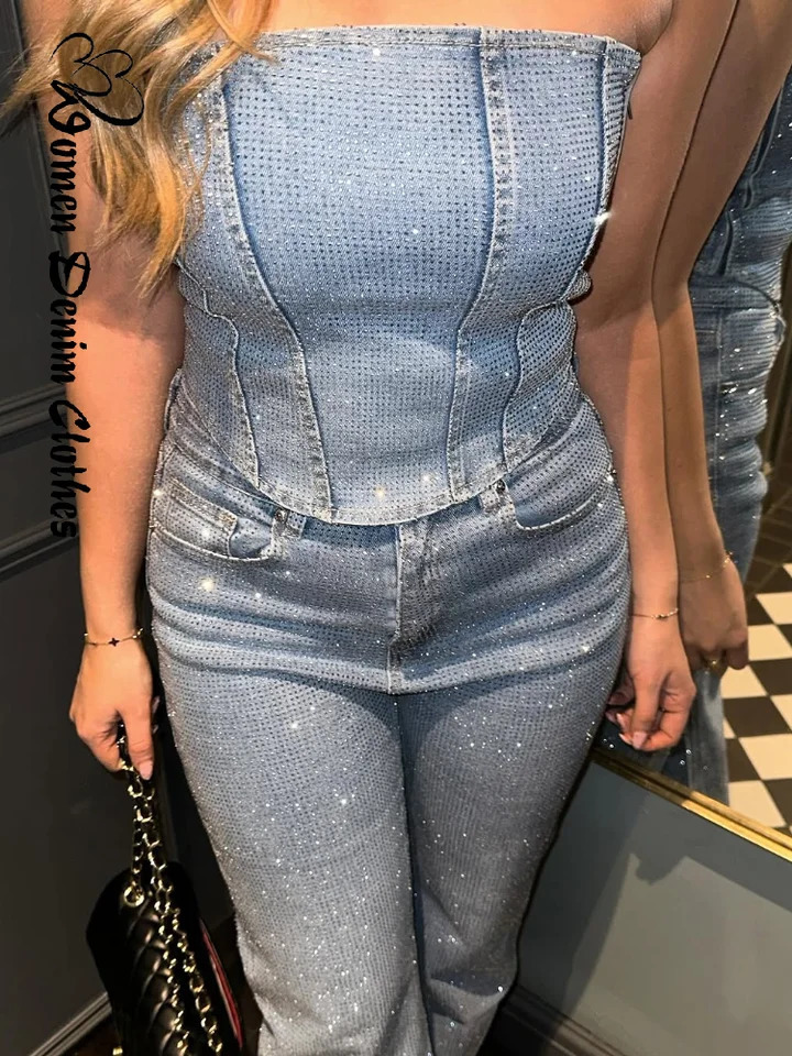 Sexy sequined denim vest pants set for womens Y2K solid sleeveless crop top waist zipper jeans fashionable street party 250409