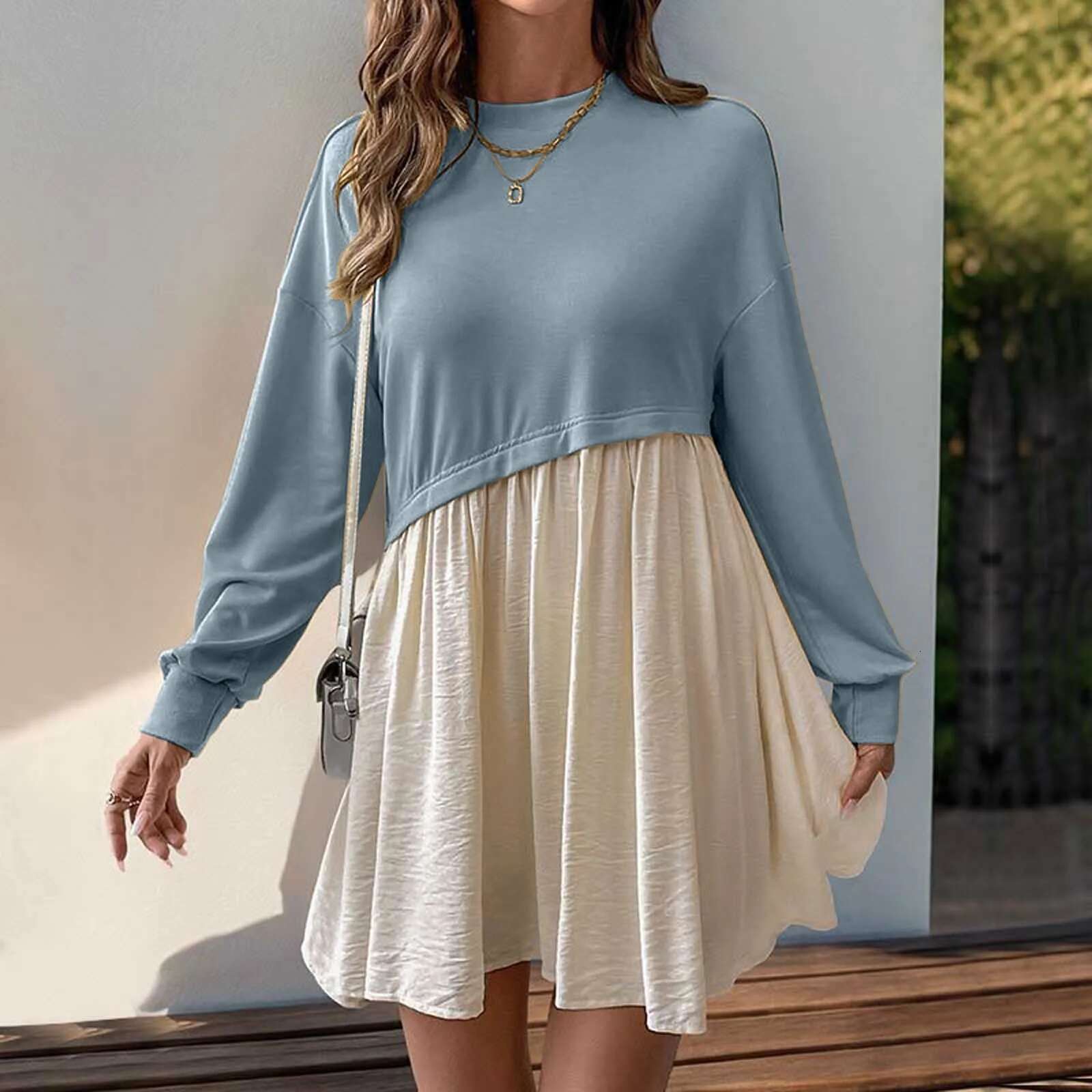 Dongdumaoyi Contrast Patchwork Casual Dress Women Spring New Loose Mini Dresses Elegant Round Neck Long Sleeve A Line