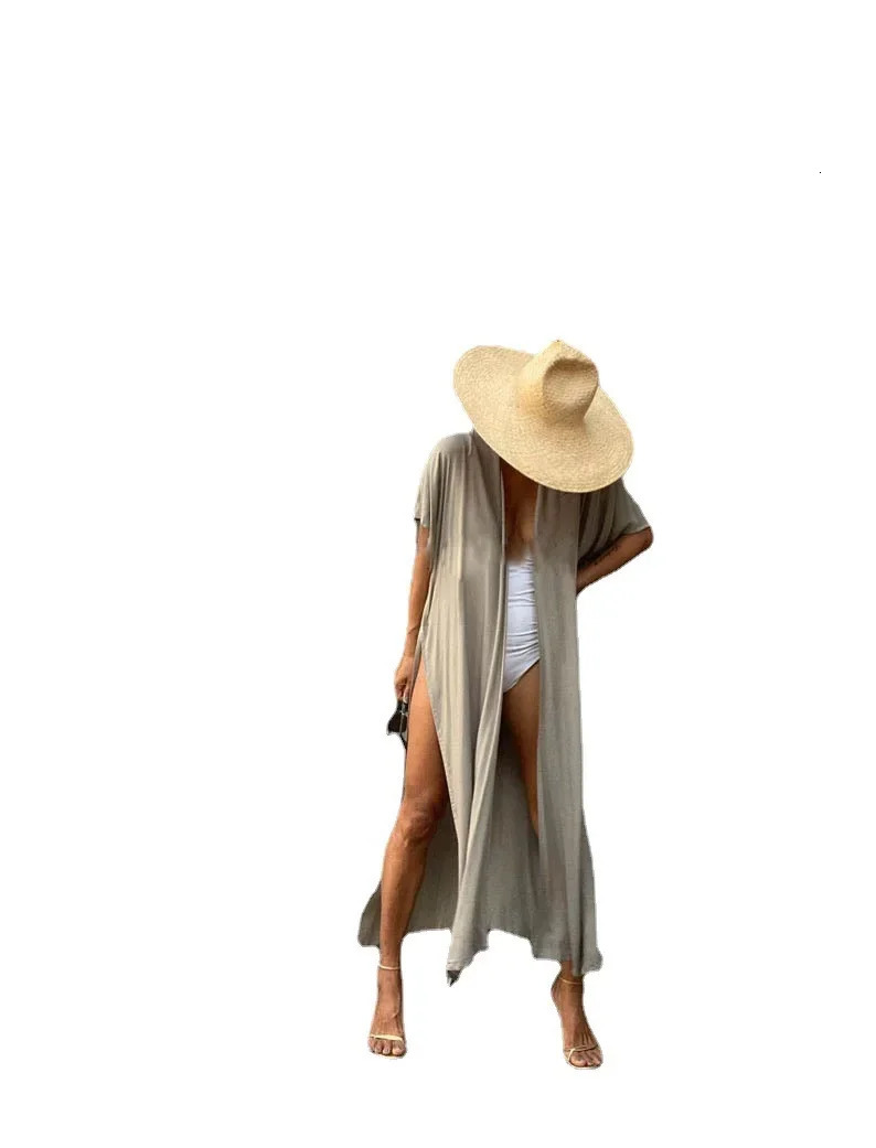 oversized solid beach jacket sun protection cardigan bikini cover vacation swimsuit womens coat kimono Villano Mujer 250409