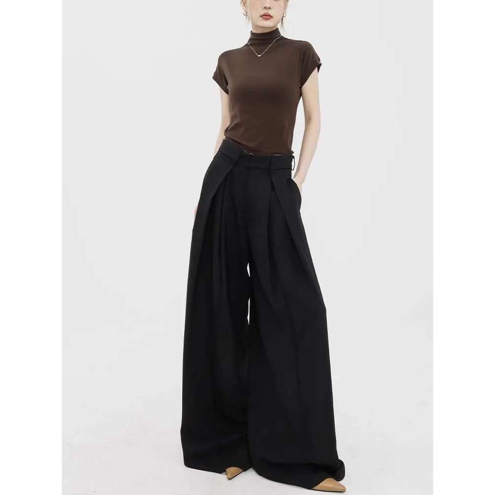 Women's Black Suit High Waisted, Draped Or Mop, Casual Wide Leg Pants, Spring And Autumn Design