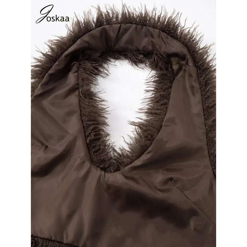 Joskaa Sexy Faux Fur Waistcoat Women Furry Backless Bandage Halter Crop Vests Coat 2025 Fashion Warm Outerwear Y2k Streetwear