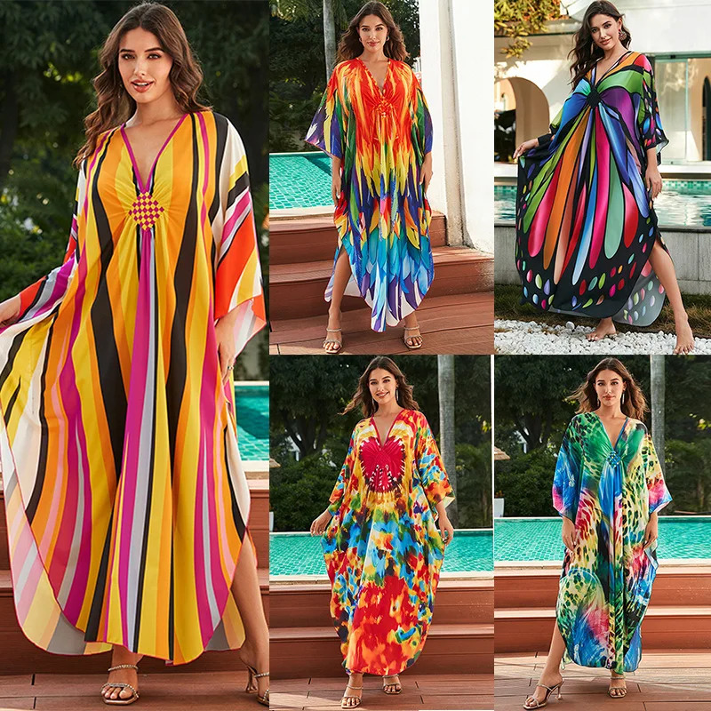 womens ethnic printed Kaftan beach dress swimsuit plus size covering wear 250409