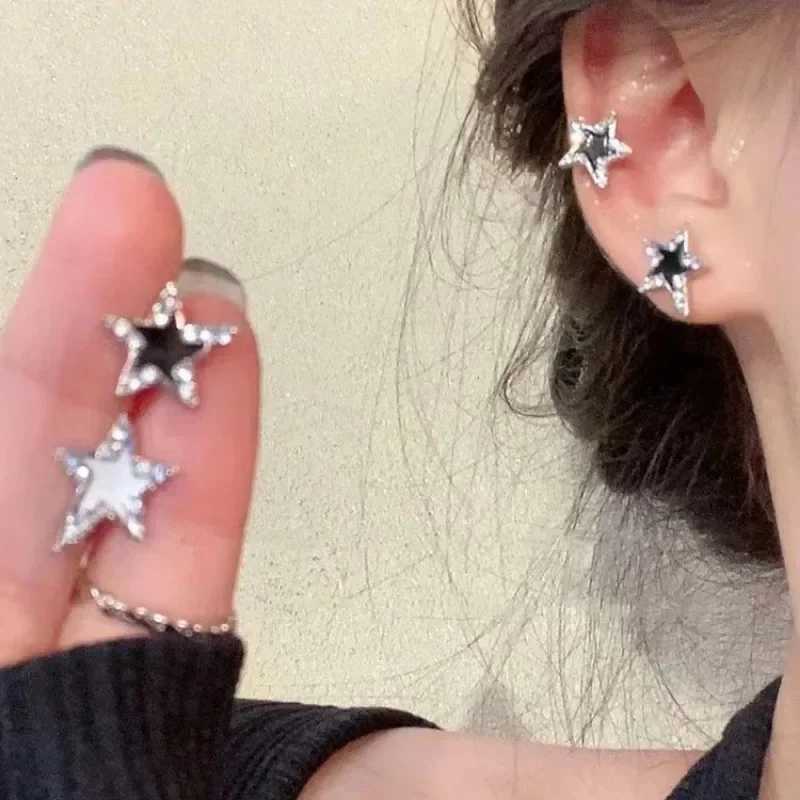Trendy Black Zircon Star Stud Earrings For Men Women Couple Black White Personality Hip-hop Earrings Party Accessories Jewelry Z250408
