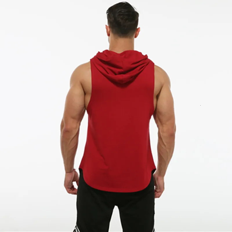 Fitness solid color 100% pure cotton vest mens fitness sports sleeveless hooded sweatshirt exercise Tshirt 250409