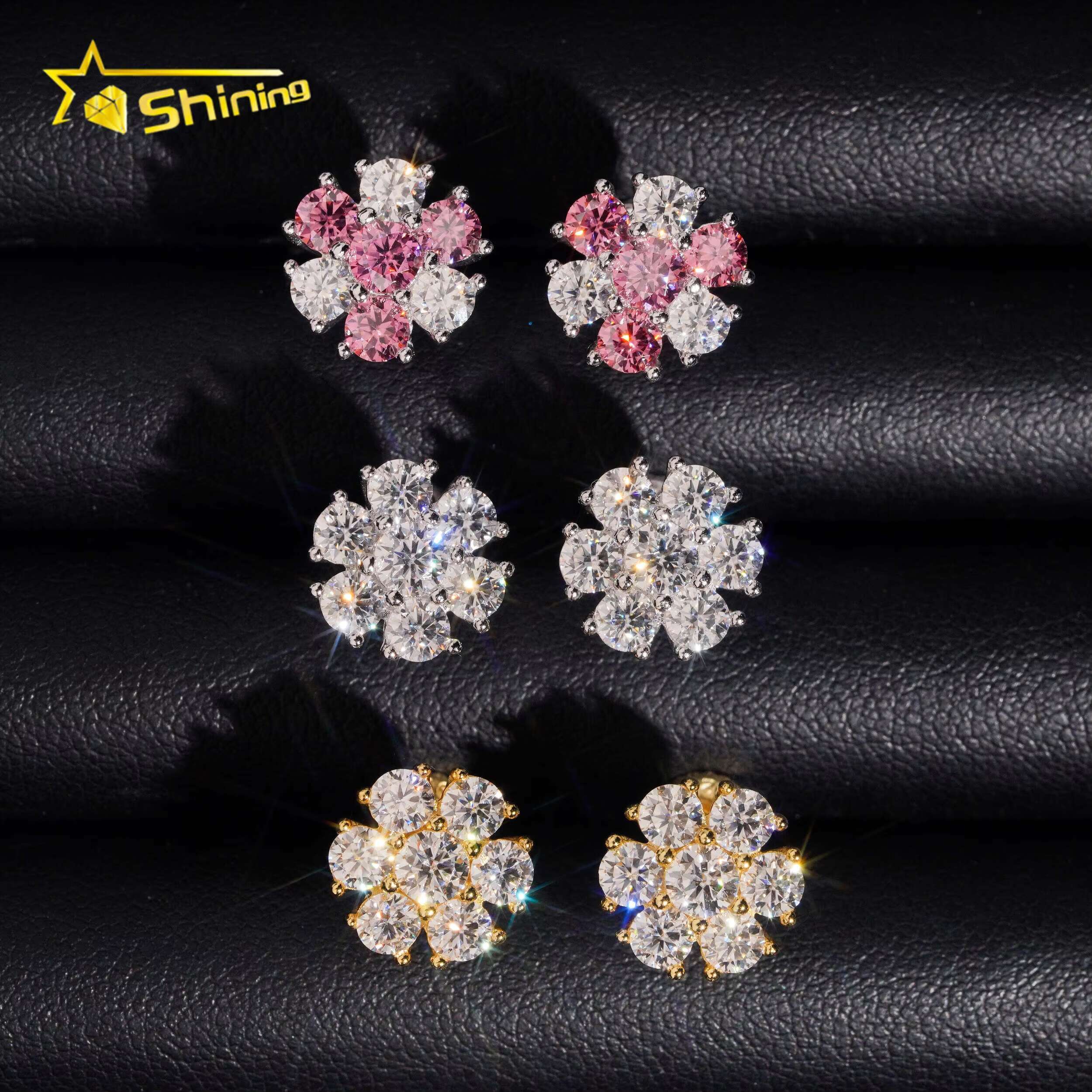 High Quality Hip Hop Pink Diamond Screw Back 925 Silver Cluster Flower Men VVS Moissanite Earrings