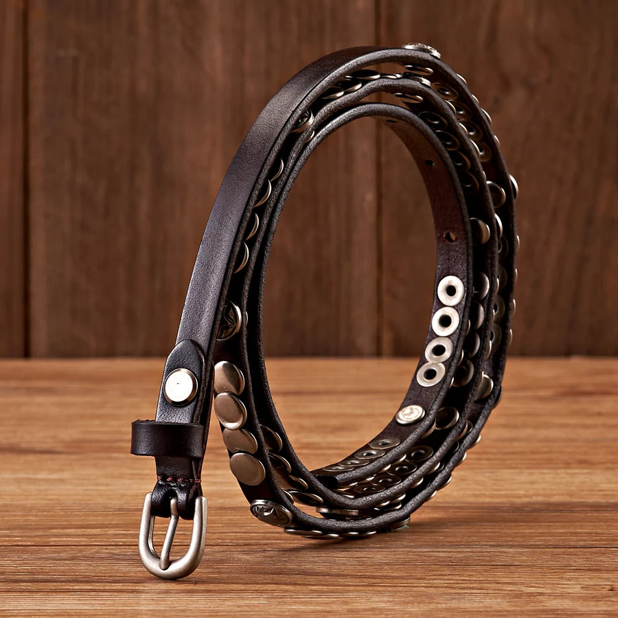 1CM Female Belt Skirt Dress Rivet Belt Real Genuine Leather Punck Decoration Thin Strap Women Belts For Jeans 250403