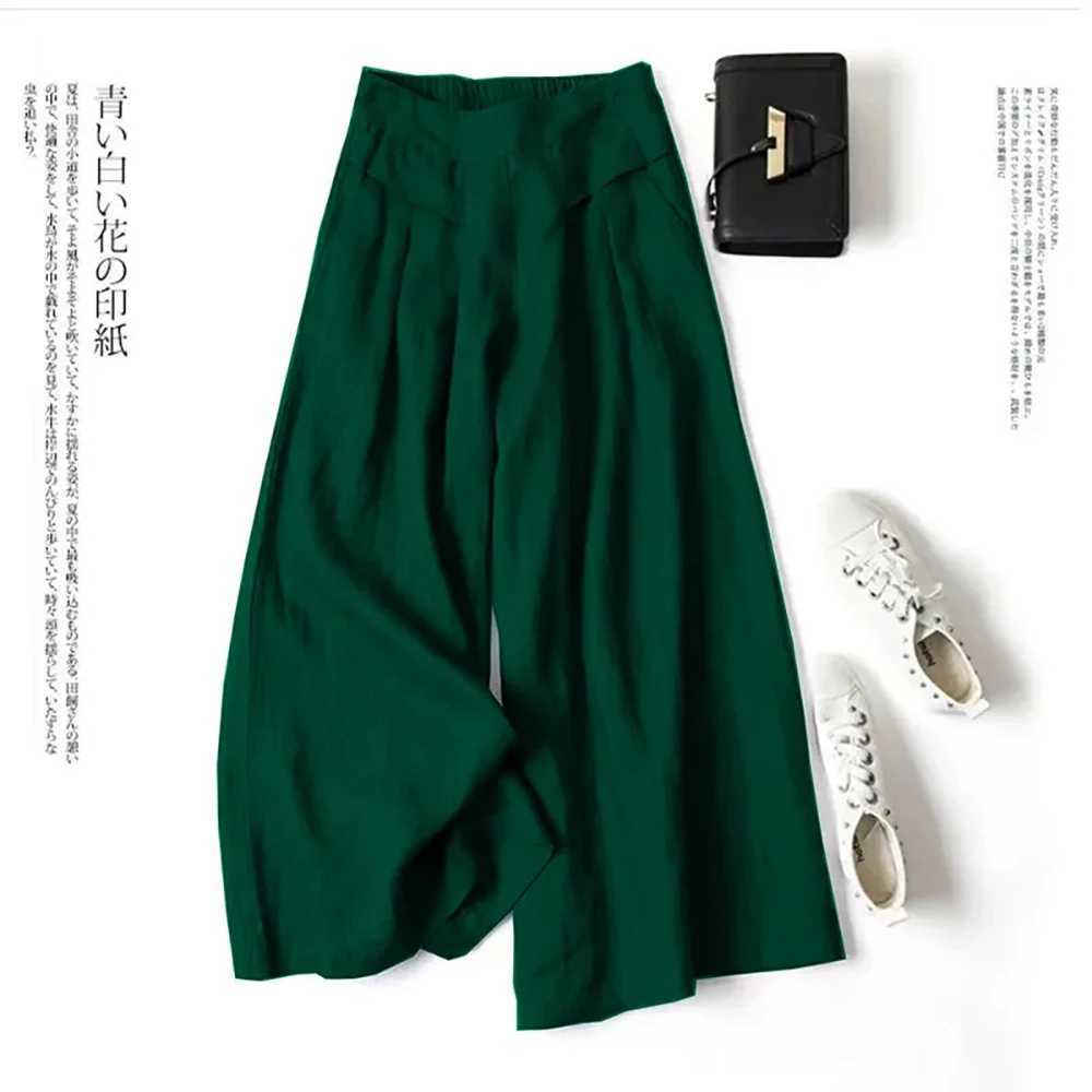 Womens summer pants cotton linen oversized wide leg pants womens artistic style elastic waist solid casual loose pantsXJ250403
