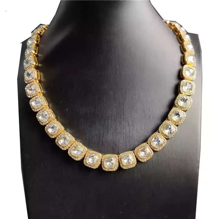 New Hip Hop Fashion Men's Square Miami Cuban Handmade Necklace 12mm rhie zinc alloy gold-plated crystal pearl chain