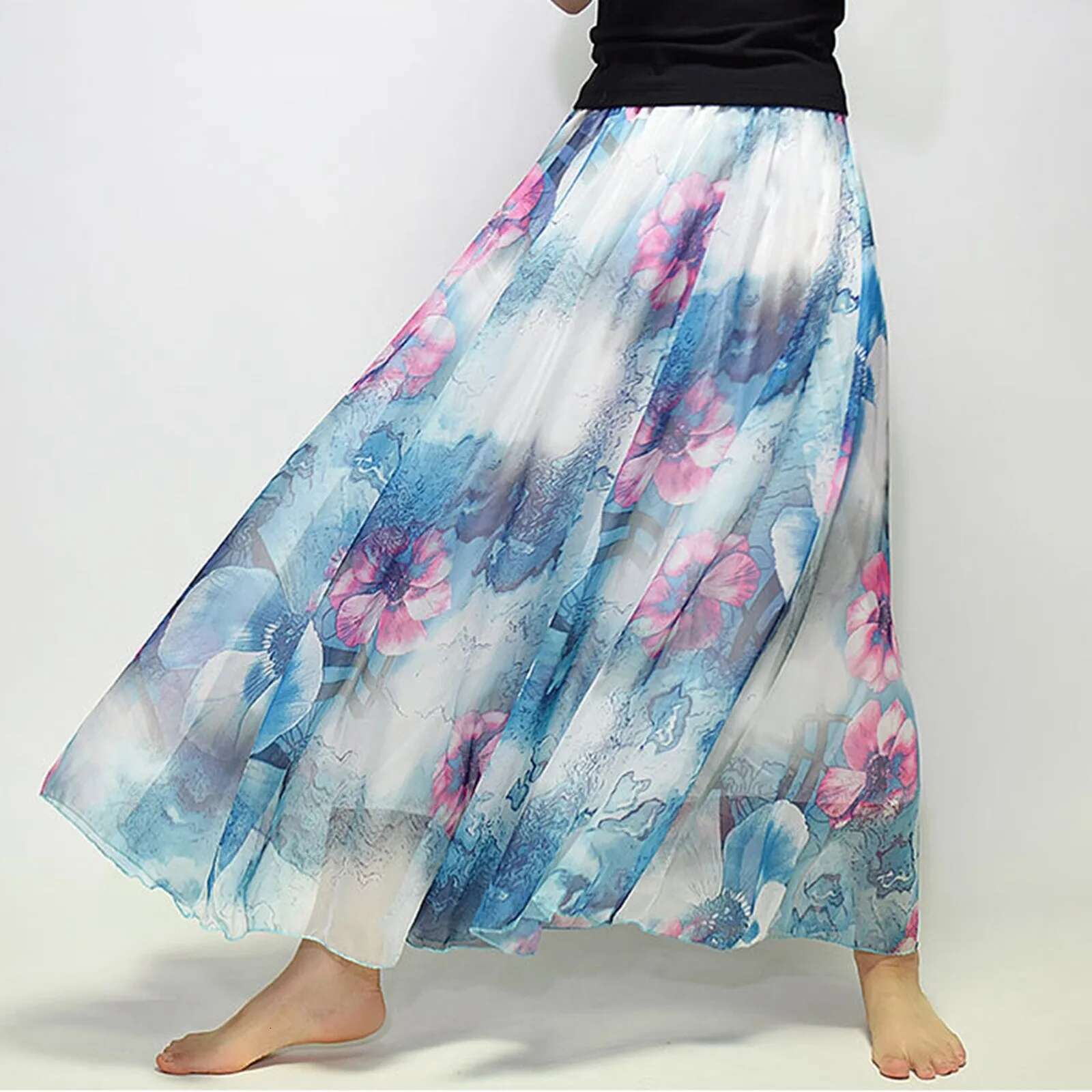Dongdumaoyi Floral Printed Bohemian Women Retro Style Graceful Chiffon Temperament Long Skirts Summer Beach High Waist Casual