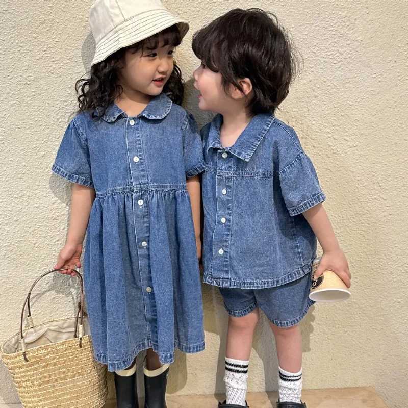 Siblings Matching Outfits Childrens Summer Denim Boys Shirt Set Girls/Short Sleeve Denim Dress S2548
