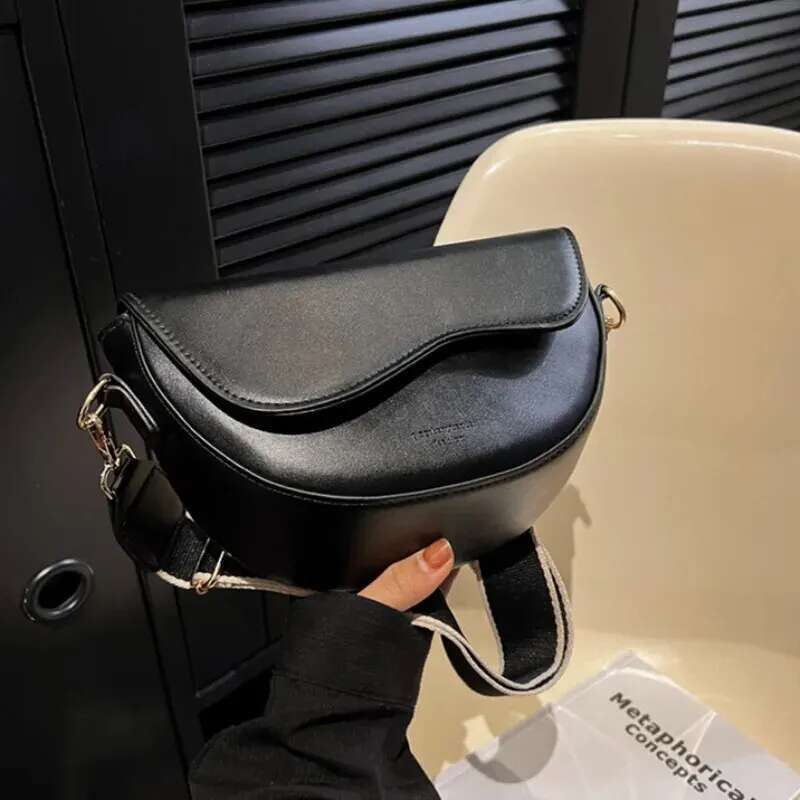 Women Vintage Solid Color Flap Small Saddle Shoulder Underarm Fashion PU Leather Wide Strap Crossbody Bag