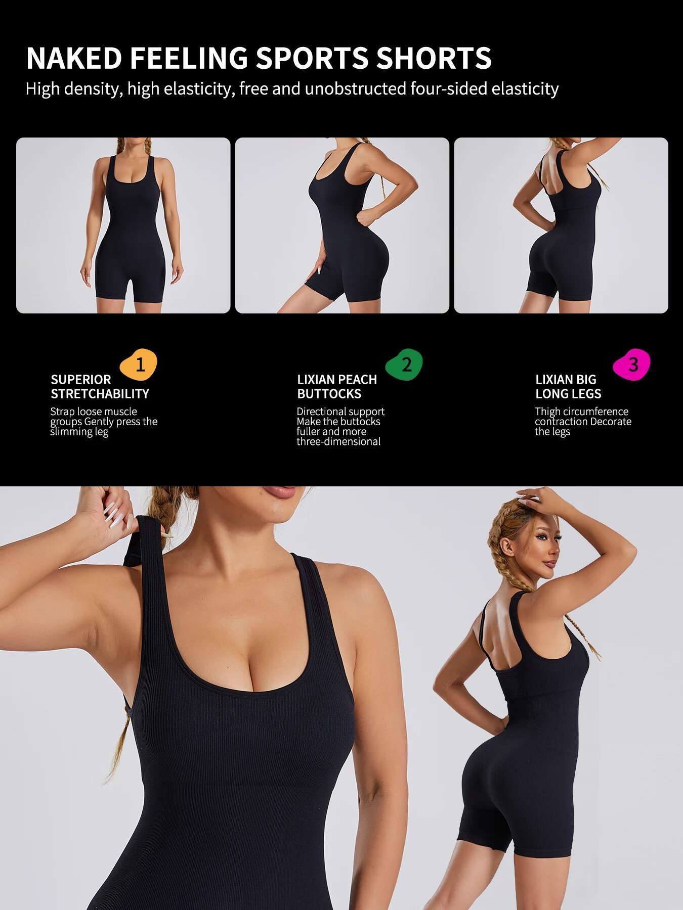 Summer Women Seamless Knit One-piece Yoga Suit Square Collar Thread Sexy Go out Hip Lift Slim Shorts Jumpsuit