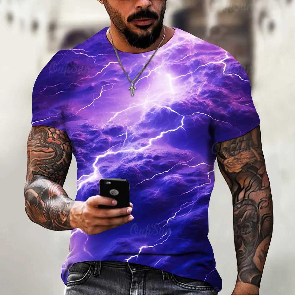 2024 summer new mens T-shirt casual lightning cool 3D digital printing mens short sleeved T-shirt oversized mens clothingXJ250409