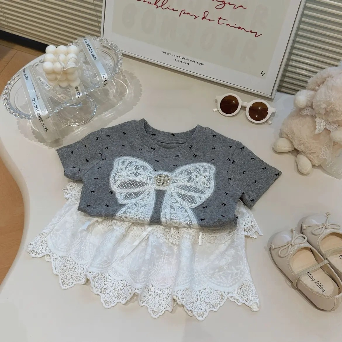 Ddmyshoesvip New Summer Short T Shirt Girls Korean Style And Stylish D Butterfly Bow Polka Dot Half Sleeved Base Shirt For Little Girls