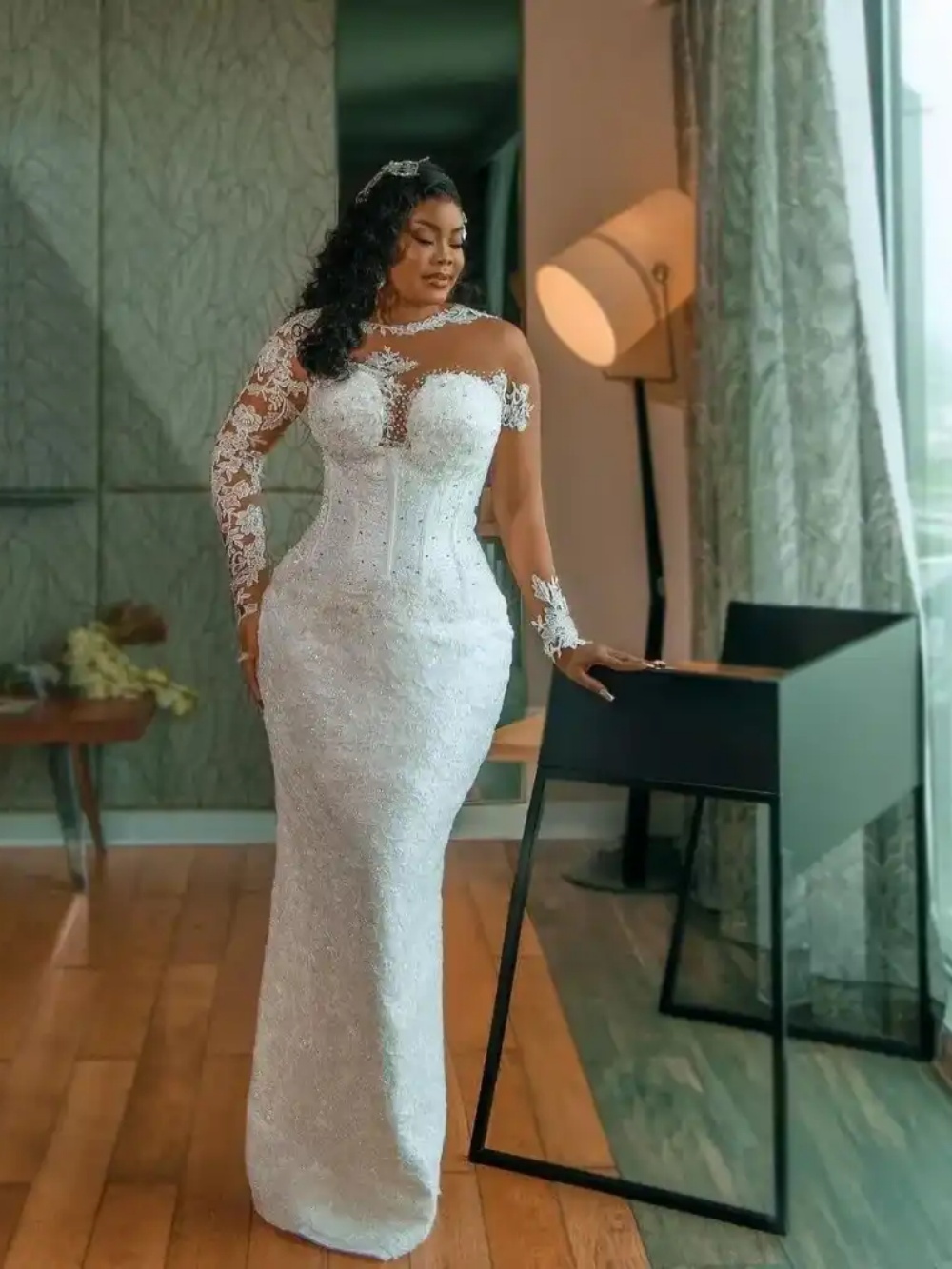 Plus Size Mermaid Wedding Dress Pearls Beaded O Neck Long Sleeve Bride Gowns Detachable Sweep Train Bridal Dresses Customized